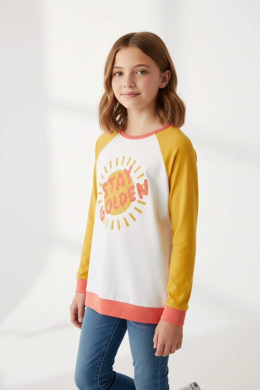 Cat & Jack Girls Size L 10/12 Stay Golden Long Sleeve Raglan Shirt Yellow